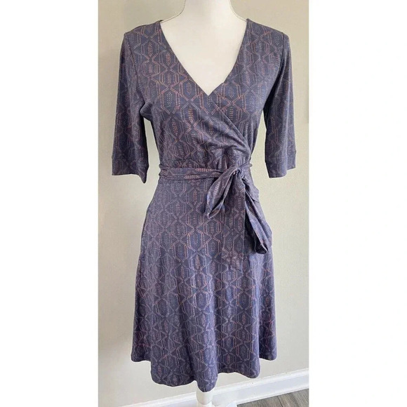 NWT Toad & Co Cue Wrap Cafe Dress Organic Cotton Blue Orange Small S New - Picture 1 of 5